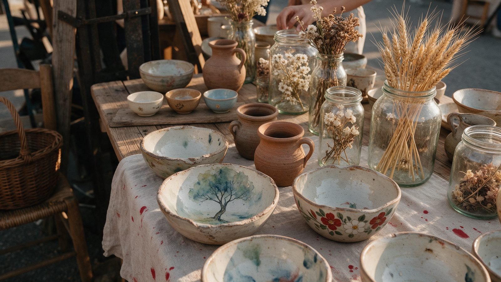 A craft fair table in warm afternoon light